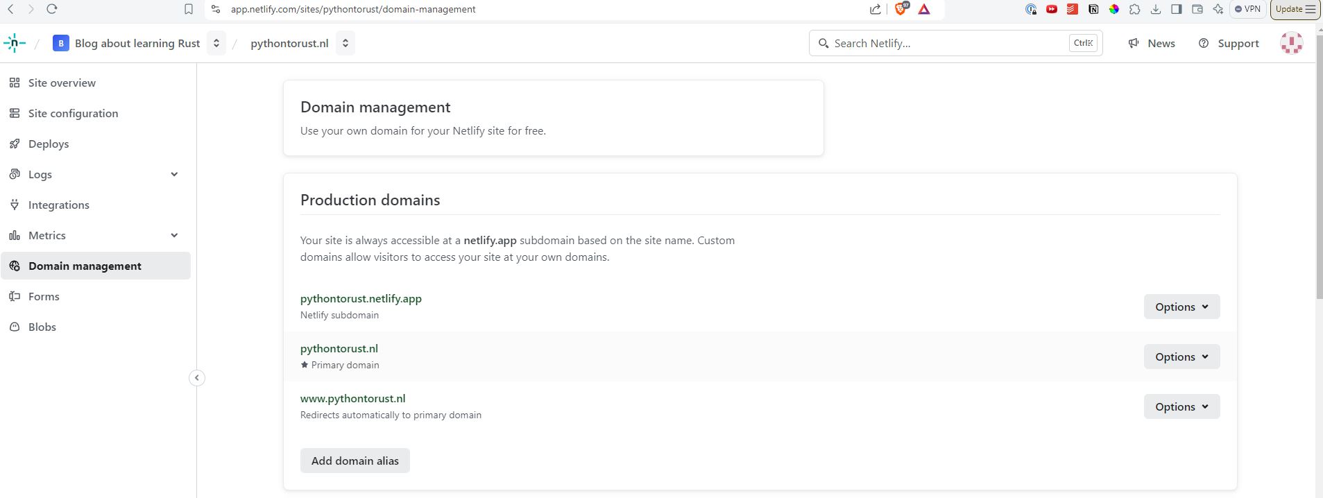 Domain management tab on Netlify