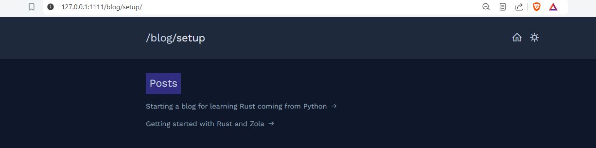 Showing the Boring theme of a Zola static website on localhost