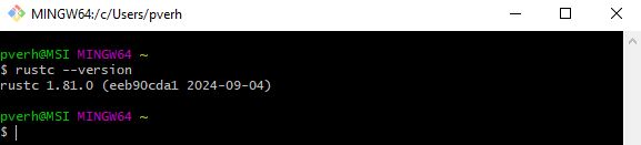 Rust version call works in Git Bash text