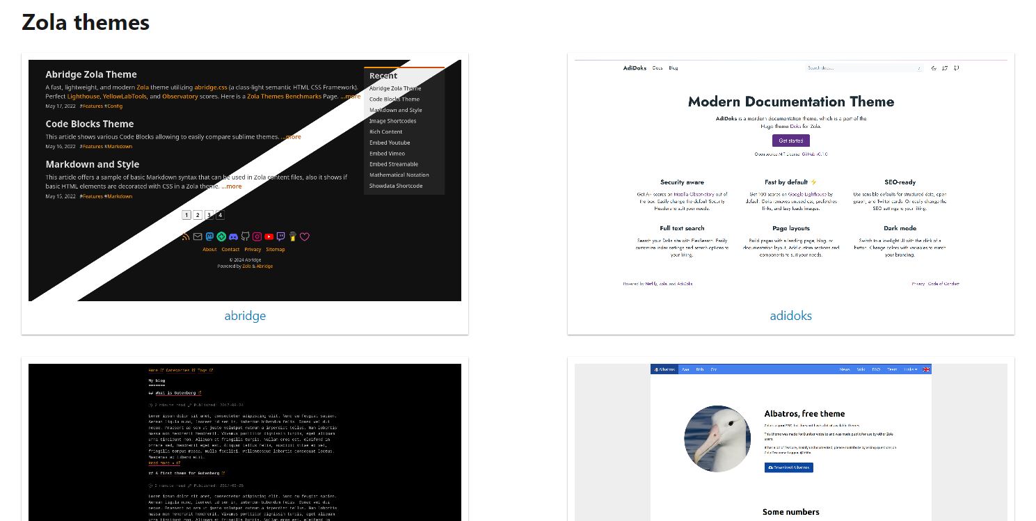 Themes on the getzola.org website